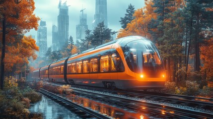 Train travels through colorful autumnal scenery with modern city buildings in background