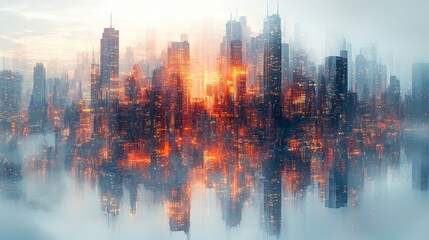 Abstract cityscape with glowing lights and misty atmosphere