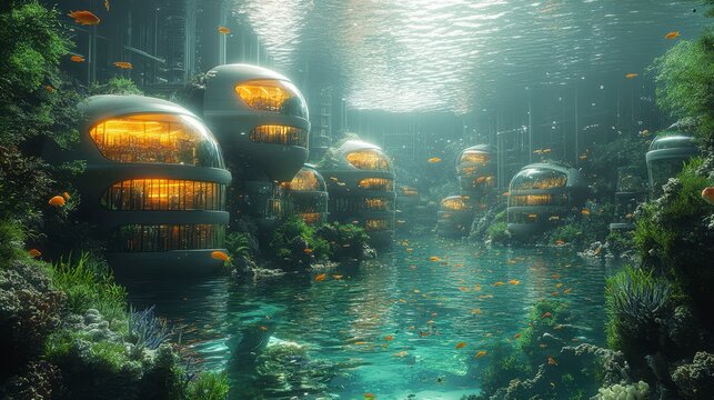 Underwater domes form a futuristic city with marine life, showing an aquatic cityscape