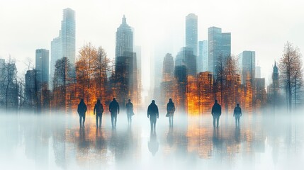 People silhouette against a cityscape in fog