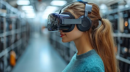 Woman using virtual reality headset in a blurred, futuristic environment