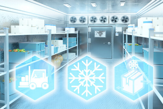 Cold storage room with fresh produce, boxes on shelves, cooling fans, and digital icons for freezing, logistics, and forklift handling in refrigerated warehousing. – Warehouse. Logistics. 3d image