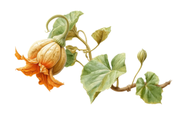 PNG Intricate botanical pumpkin artwork with leaves and vines on black background