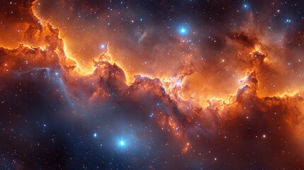 Cosmic Blaze Ethereal nebula with vibrant orange and blue hues, dotted with sparkling stars