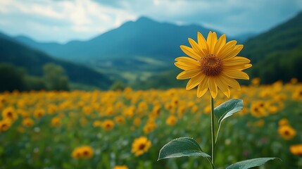 Blooming sunflower field with mountains in background under a bright sky