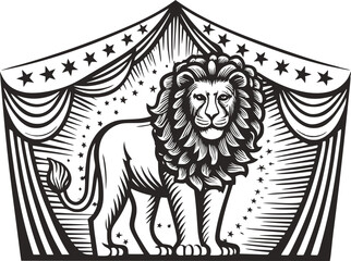 Obraz premium A black and white illustration of a majestic lion standing within a circus tent adorned with stripes and stars.
