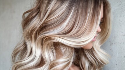 Fototapeta premium Long Blonde Wavy Hair, Soft Highlights, Beauty Salon, Hair Style, Closeup