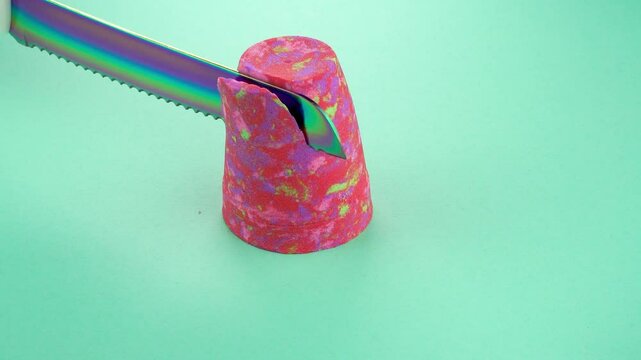 Very Satisfying and Relaxing Kinetic Sand ASMR video. Cutting anti stress macro close up colorful Kinetic Sand with a Knife. ASMR sounds.