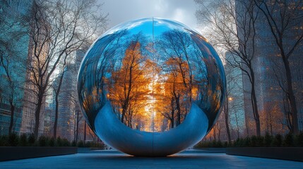 Spherical sculpture reflects autumn colors and city buildings in urban park, creating optical illusion
