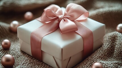 Gift wrapped with ribbon and decorative balls on textured fabric backdrop, soft lighting