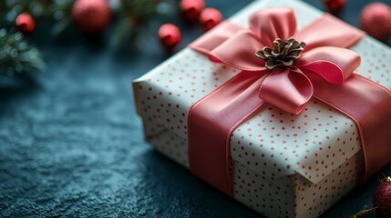 Decorated gift box with red ribbon and dots, pinecone accent. Festive background