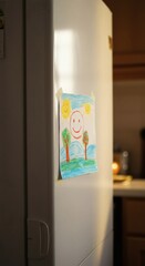 Refrigerator with child art drawing, kitchen appliance, family life, home decor, kids artwork display