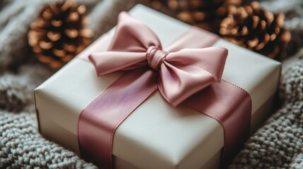 Wrapped present with a pink bow atop a textured gray blanket with pinecones