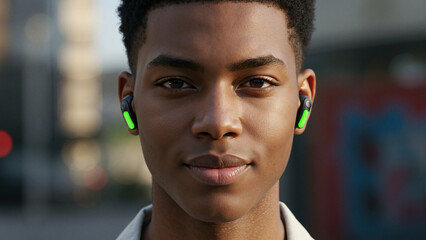 Young man smiling with earbuds against an urban background  