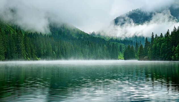 misty lake as fog rolls against a green mountain background