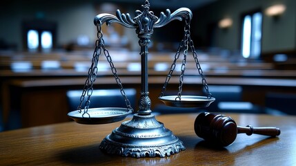 Courtroom scene with scales of justice and gavel on a polished wooden table