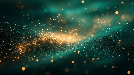 Shimmering waves of teal and gold light particles in abstract, dynamic composition