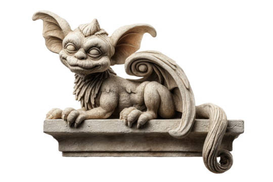 PNG Stone gargoyle statue with wings and tail perched on ledge