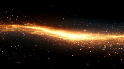 Fototapeta premium Gold particle stream flowing across a dark void, light scattering around its center