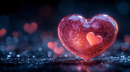Gleaming, translucent heart with inner smaller heart on a glittery surface; dark, blurred background