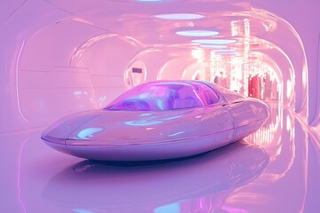 Futuristic, retro-inspired hovercar with a transparent, iridescent shell in a neon-lit tunnel with pink and purple hues and reflections