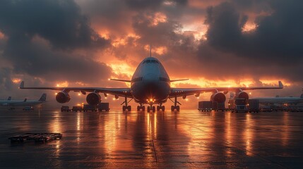 Obraz premium Airplane awaits departure under vibrant sunset, reflecting light on the wet tarmac