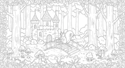 Obraz premium Enchanted Forest Castle Coloring Page Squirrel on Bridge