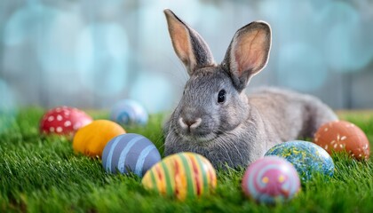 gray rabbit sitting amidst colorful decorated easter eggs in green grass symbolizing springtime new beginnings and easter holiday celebration