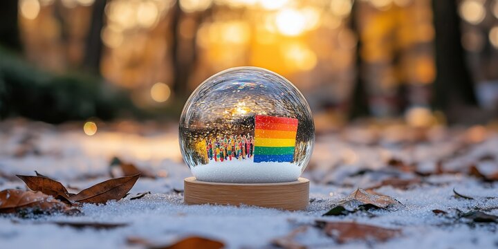 Minimalist snow globe featuring a miniature pride flag and diverse figures inside, set on snow with a blurred autumn forest background at sunset