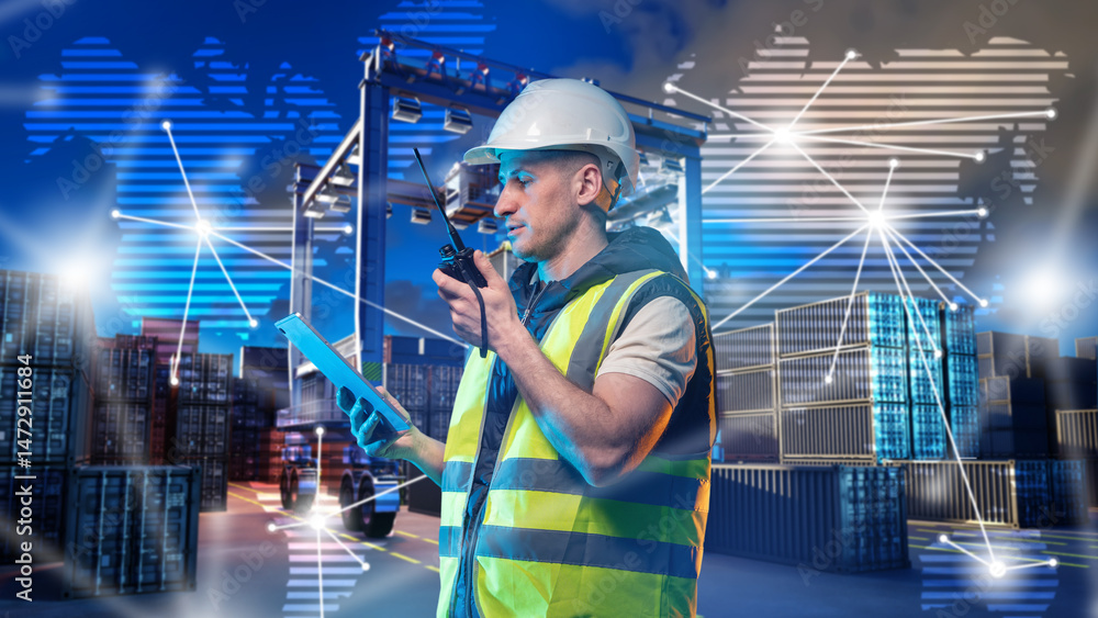 Poster man logistician with walkie-talkie controls unloading of containers. logistics port for cargo handli