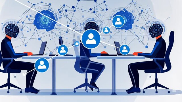 Global Business Team Silhouette Illustration with World Map and Technology Elements
