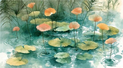   Water lilies and lily pads float in a tranquil pond, their vibrant colors reflected in the rippling water Palm fronds sway gently in the breeze, adding