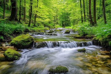 Obraz premium Picturesque forest stream. Lush greenery