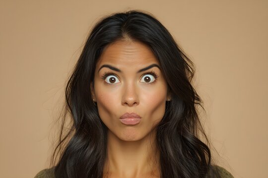 Studio portrait of expressive Latina woman making surprised face with big eyes and lips puckered