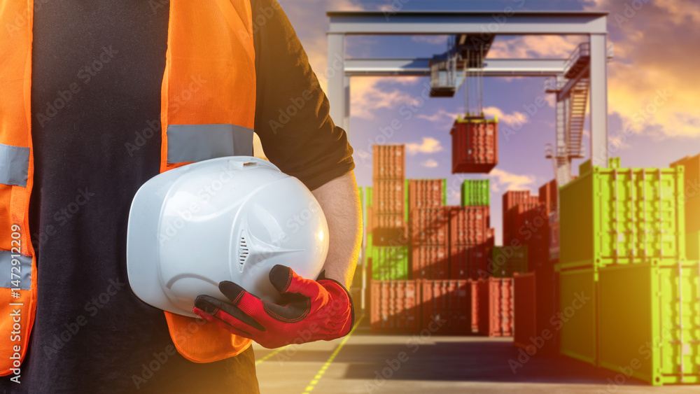 Poster helmet is in hands of container port employees. logistics terminal. cropped container terminal emplo