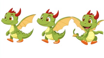 Obraz premium Three adorable cartoon dragons in various playful poses, smiling and ready for adventure!