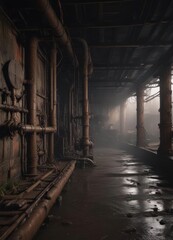 Dark, damp cellar with exposed pipes & rusted machinery,  basement,  pipes,  disrepair
