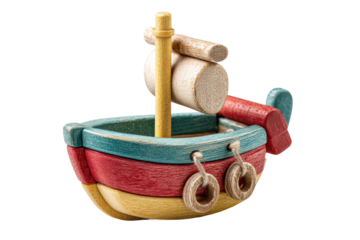 PNG Colorful wooden toy boat with red, blue, and yellow details