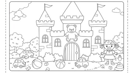 Obraz premium Charming Castle Coloring Page Princess, Teddy Bear, and Cars