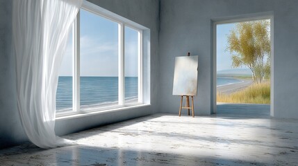 Fototapeta premium An artist's easel faces an open window, overlooking the ocean and a painted canvas
