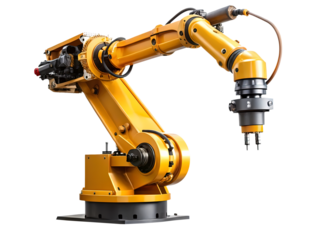 Highly detailed robotic arm in yellow and black with complex mechanical design