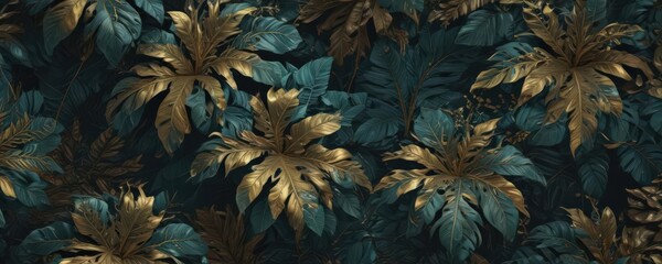 Intricate dark teal & gold tropical leaf pattern, dense, vibrant growth , dark, lush vegetation