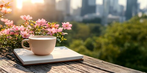 Coffee Cup on Open Book with Pink Flowers Outside
