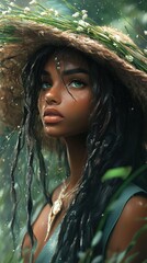 Intense portrait of a young Indian woman with green eyes and a floral straw hat