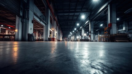 Fototapeta premium Industrial warehouse with concrete floors and steel beams, showcasing raw urban aesthetics and depth.