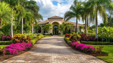 Fototapeta premium Luxury Mediterranean Home with Lush Tropical Landscaping and Palm Trees