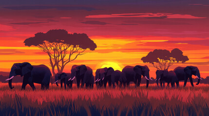 Fototapeta premium Migration of Elephants: Herd in the African Savannah at Dusk