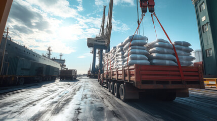 Ship Crane Lifting Sugar Bags Cargo from Truck to Ship Hold at Seaport Terminal for Export

