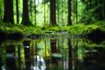 Forest reflected in a puddle. Lush greenery