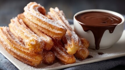 Churros con Chocolate. Traditional Spanish dessert closeup